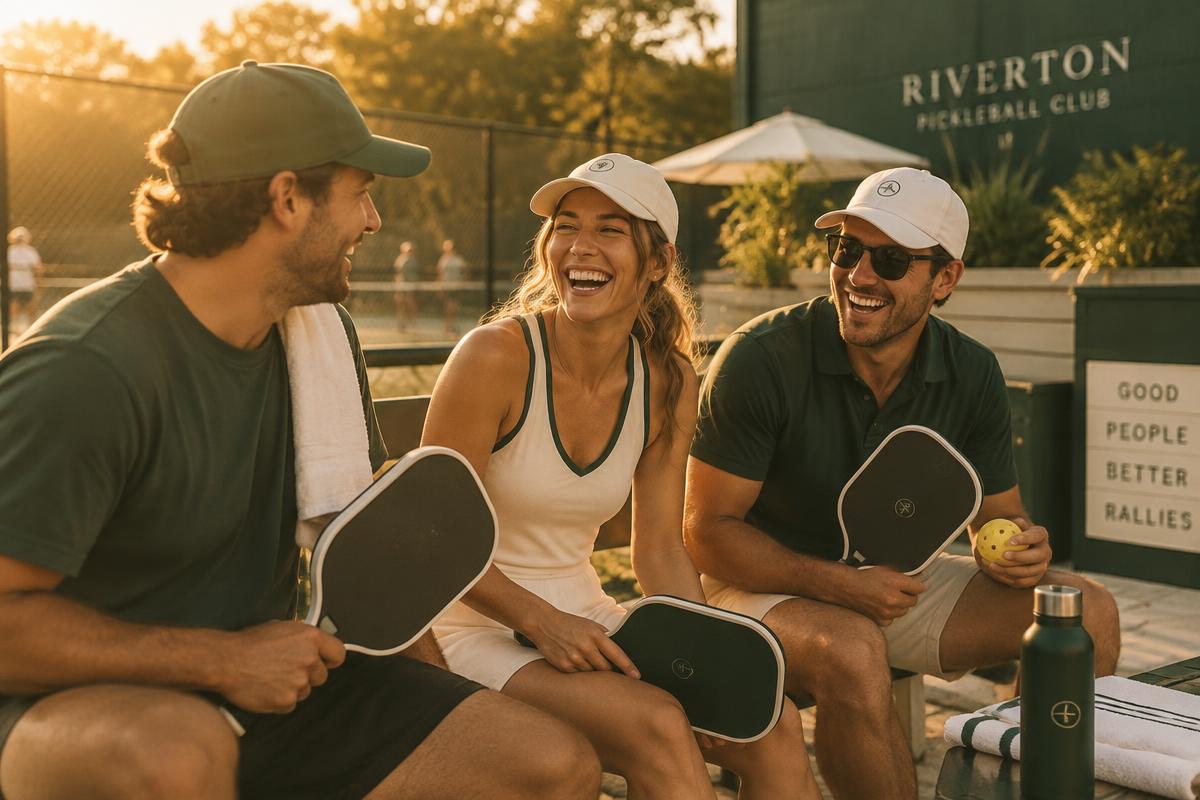 Friends laughing courtside at a sunny pickleball club